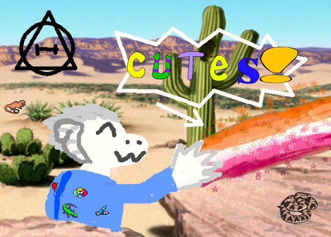Rosie in a desert. Her arm is raised and there's a lesbian beam coming from her hand, which is labelled 'cutes!'. There's a therian symbol in the top left. There's also various clip art reptiles placed around.
